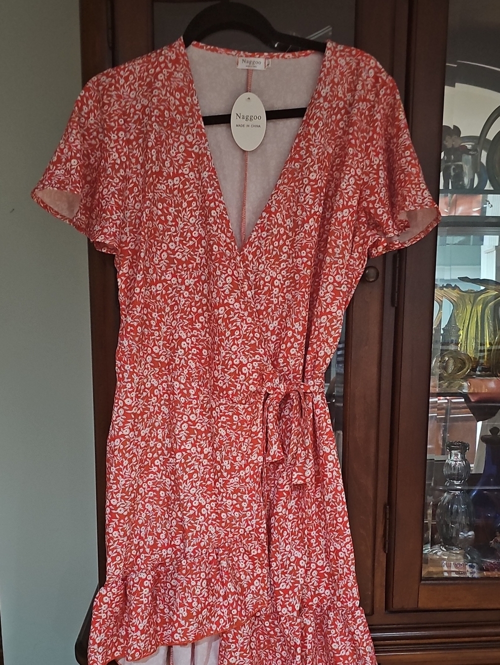 Naggoo Summer   Floral Wrap Dress with Ruffle Hem Red/White Large NWT